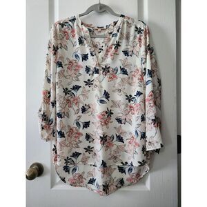 Gibson Latimer Womens Shirt 3/4 Sleeve Blouse Roll Tab Floral V-Neck Size L